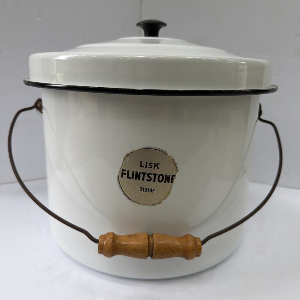 Lisk Flintstone 21514F White Enamel Chamber Pot Wood Handle Vintage Sears MCM